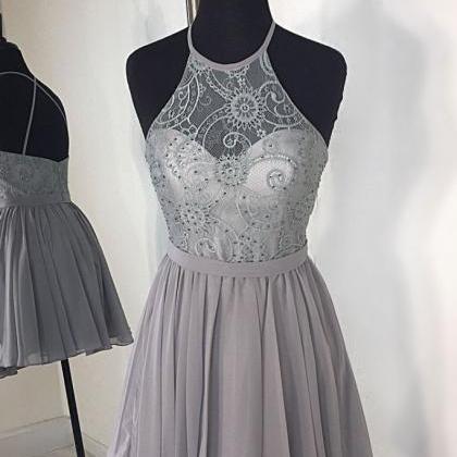 Gray High Neck Chiffon Lace Short Prom Dress, Gray..