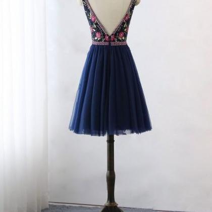 Dark Blue V Neck Lace Tulle Short Prom Dress, Blue..
