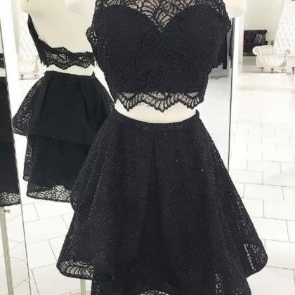 Cute Black Lace Short Prom Dress, Black Homecoming..