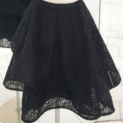 Cute Black Lace Short Prom Dress, Black Homecoming..