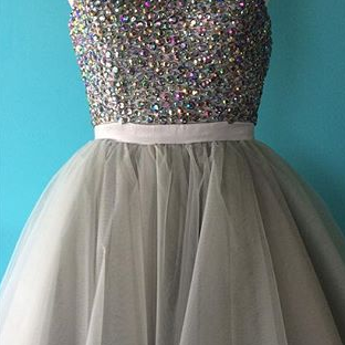 Open Back Silver Tulle Beaded Homecoming Dresses,..
