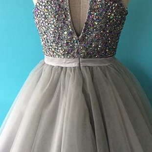 Open Back Silver Tulle Beaded Homecoming Dresses,..