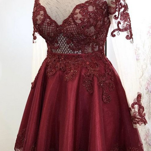 Elegant Burgundy Tulle Homecoming Dresses Lace..