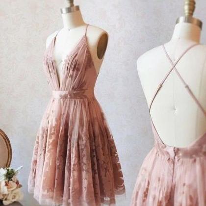 A Line Deep V Neck Mini Dress With Lace