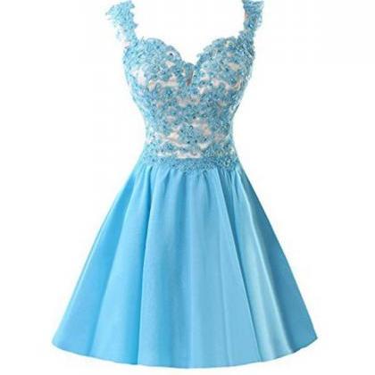 Blue Homecoming Dress Appliques Lace Prom Dress,..