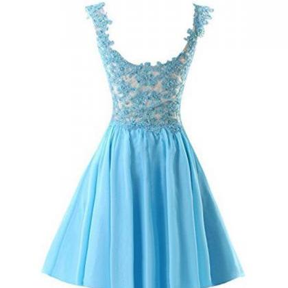 Blue Homecoming Dress Appliques Lace Prom Dress,..