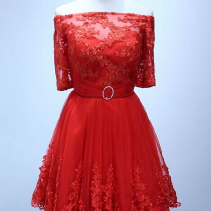 Charming Prom Dress, Short Sleeve Lace Prom..