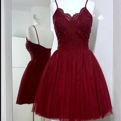 Cute Burgundy Lace Short Homecoming Dress, A Line..