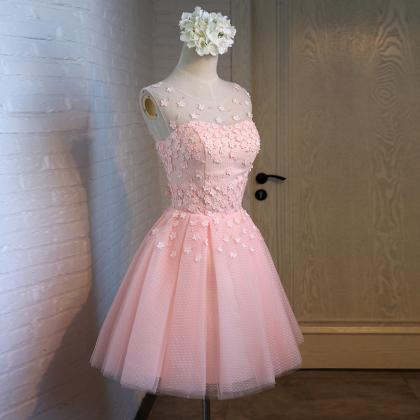 Floral Pink Short Prom Dress, Tulle Graduation..