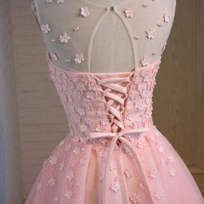 Floral Pink Short Prom Dress, Tulle Graduation..
