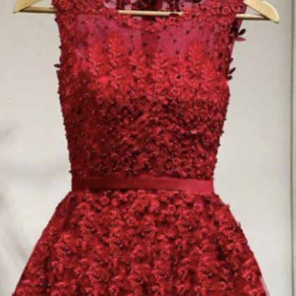 Red Prom Dresses, Tea Length Prom Dresses, Lace..