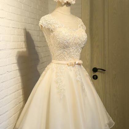 Cute Lace Short Prom Dress, Champagne Lace Party..