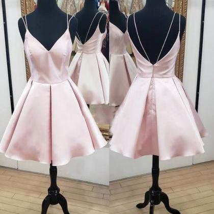 Pink V Neck Satin Short Prom Dress, Pink Evening..