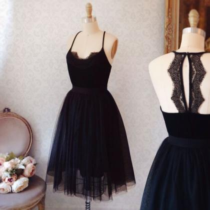 Simple Black Tulle Short Prom Dress, Black..