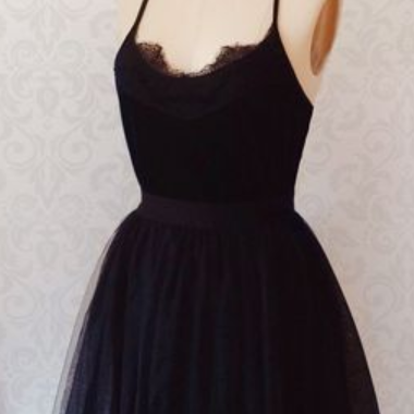 Simple Black Tulle Short Prom Dress, Black..