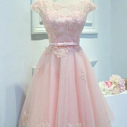 Pink Knee Length Party Dress, Lace Applique Cute..