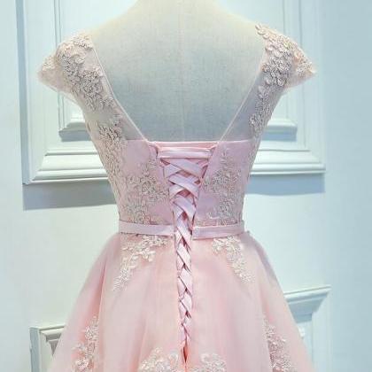 Pink Knee Length Party Dress, Lace Applique Cute..
