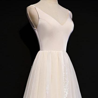 Champagne V Neck Tulle Lace Short Prom Dress,..