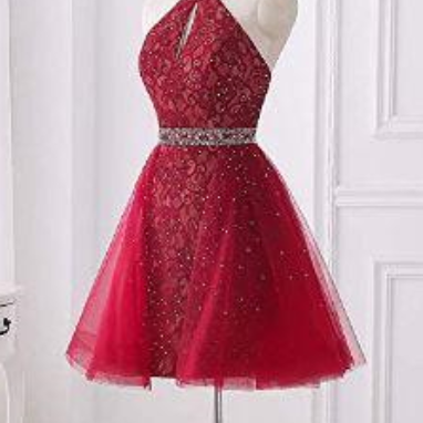Red Homecoming Dress, Red Halter Sleeveless..
