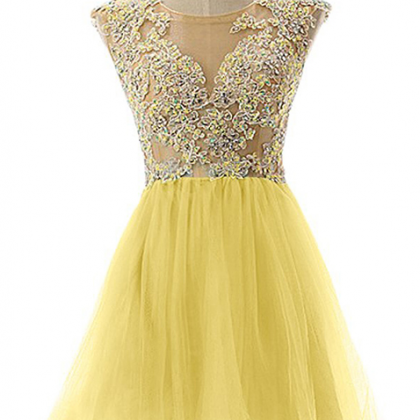 Scoop Neck See-through Lace Appliques Tulle Prom..
