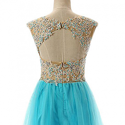 Scoop Neck See-through Lace Appliques Tulle Prom..