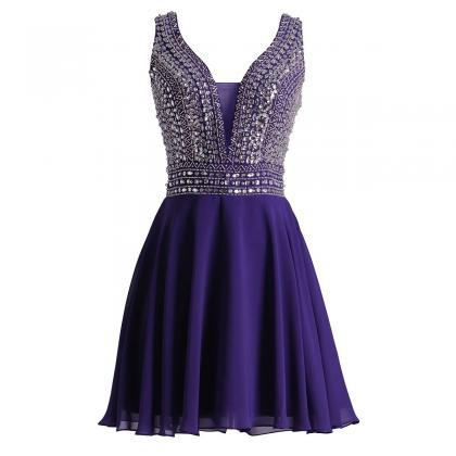 V Neck Tulle Short Prom Dress, Sparkling Crystal..