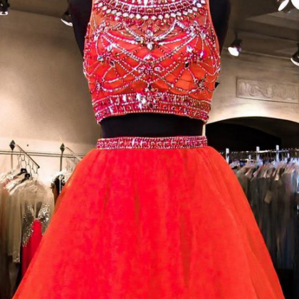 Sparkling Red Crystal Beaded Jewel Neck Short Prom..