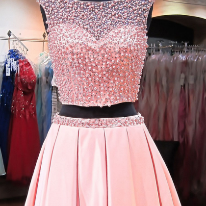 Pink Crystal Pearl Tulle Short Prom Dress, Two..