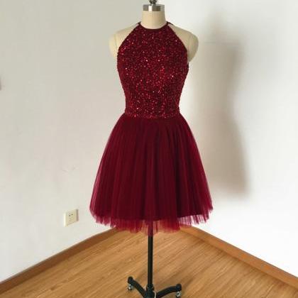 Keyhole Back Crystal Tulle Homecoming Dresses,red..