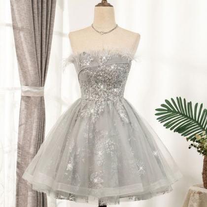 Gray Tulle Sequins Homecoming Dress, Short..