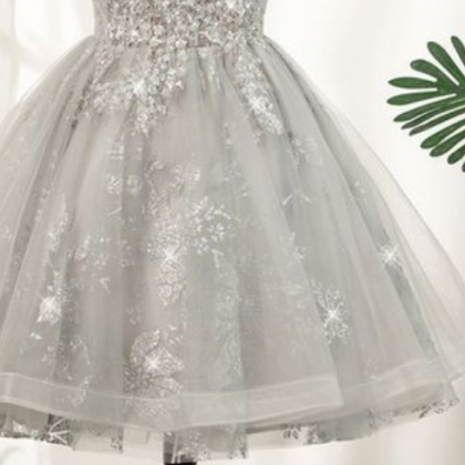 Gray Tulle Sequins Homecoming Dress, Short..