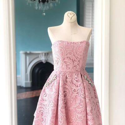 Strapless Short Pink Lace Homecoming Dress, Short..