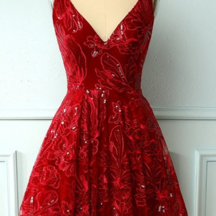 Burgundy Lace Sequin V Neck Short Prom Dress,..