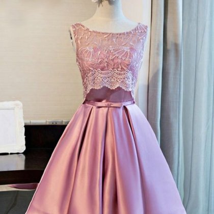 A-line Scoop Knee-length Pink Satin Homecoming..