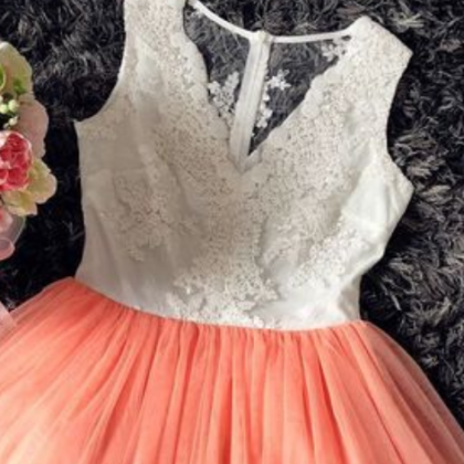 Back V-neck Coral Short Homecoming Dress With Lace