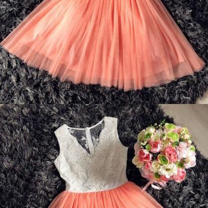 Back V-neck Coral Short Homecoming Dress With Lace