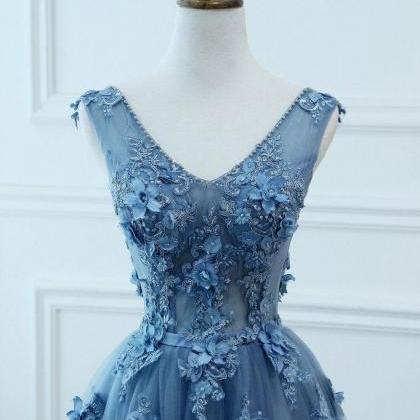 A Line V Neck Dusty Blue Lace Prom Dress,tulle..