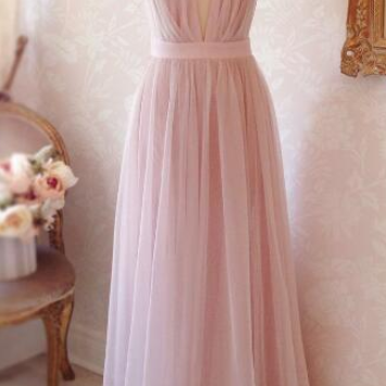 Simple A Line V-neck Long Prom Dress,tulle Evening..