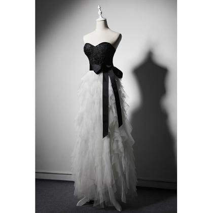 Lace Beaded Black And White Bustier Dress Prom..