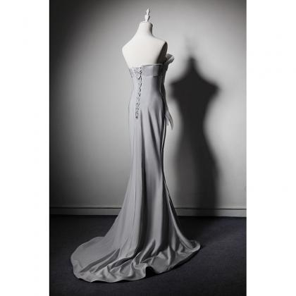 One Shoulder Light Grey Dress Prom Party Gown..