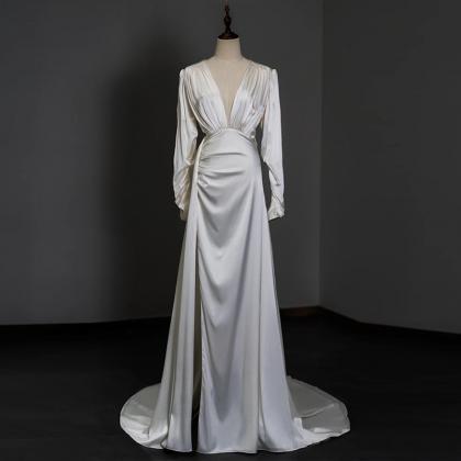 Satin Long-sleeved Light Wedding Dress Bride..