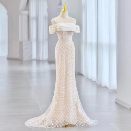 One-shoulder Fishtail Beaded Sequin Wedding Dress..