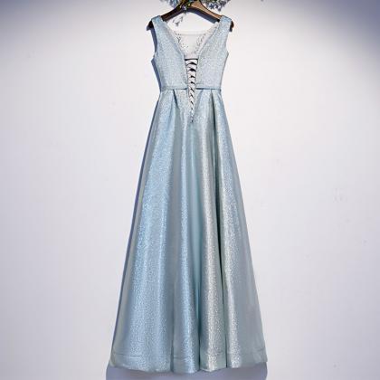 Sky Blue Evening Dress Fashion Beads V-neck Pleat..