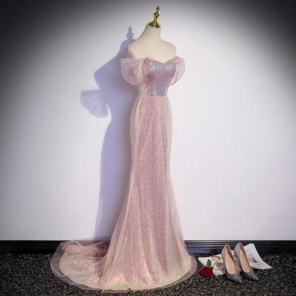 Evening Dress Pink Sequins Sweetheart Collar..