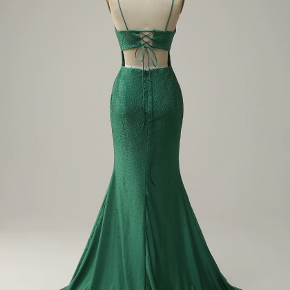 Mermaid Spaghetti Straps Dark Green Long Prom..