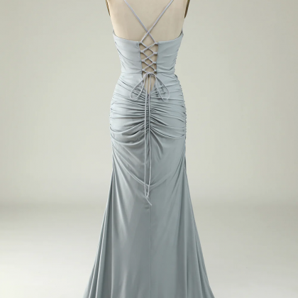 Mermaid Spaghetti Straps Grey Plus Size Prom Dress..