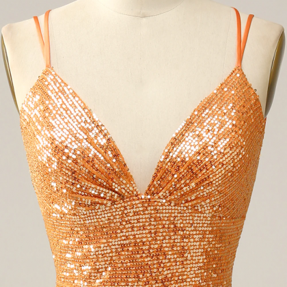 Orange Sequined Backless Mermaid Prom Dress..