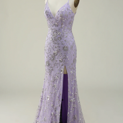 Mermaid Spaghetti Straps Purple Long Prom Dress..
