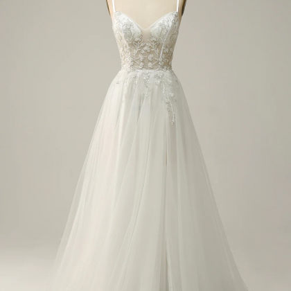 A Line Spaghetti Straps White Long Bridal Dress..