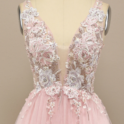 Gorgeous Deep V Neck Grey/pink Prom Dress With..